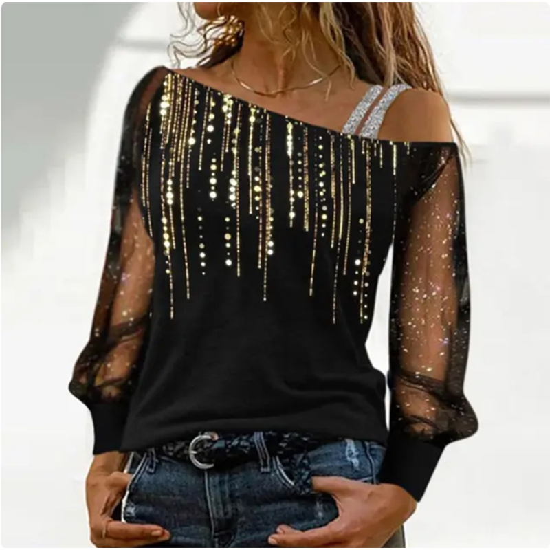 シルバーショルダーストラップ透明袖スパンコールブラウス女性のセクシーな Tシャツクリスマスツリープリント長袖トップ