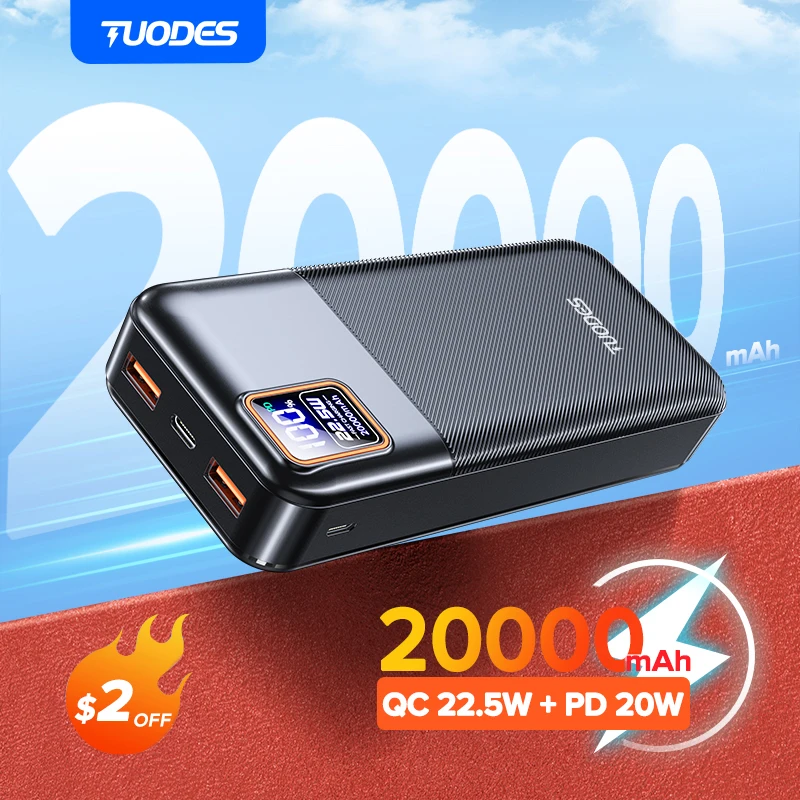Tuodes Power Bank 20000 мАч PD20W Внешняя большая емкость аккумулятора 22,5 Вт Портативное зарядное устройство для быстрой зарядки для iPhone Samsung Xiaomi