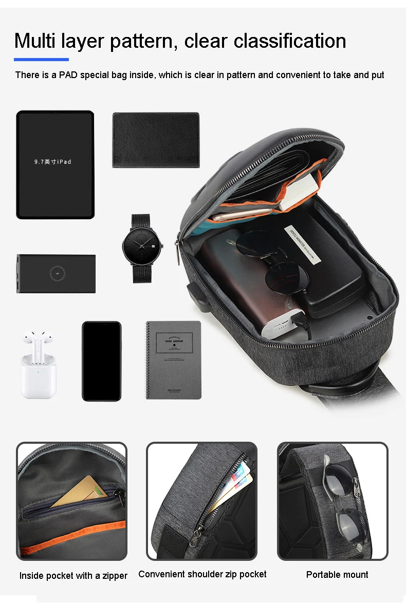 กระเป๋าคาดหน้าอกสําหรับผู้ชายชาร์จ USB แฟชั่นสตรีทสลิงแพ็คกระเป๋าสะพายข้างมอเตอร์ขี่จักรยานกระเป๋าเป้สะพายหลังสําหรับนักศึกษาวิทยาลัย U Nisex