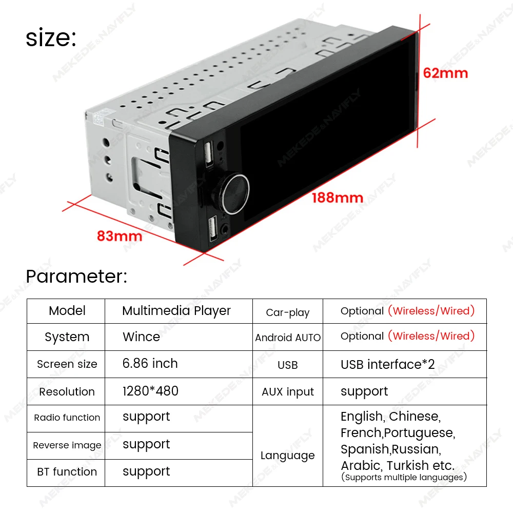 1DIN Universal MP5 6,86 pulgadas Radio coche Soporte Carplay Inalámbrico Android AUTO AUX USB SWC BT Pantalla Táctil Reproductor de vídeo multimedia