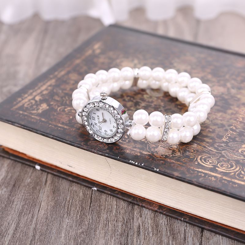 Mulheres pulseira de pérolas frisadas, relógios de pulso casuais, relógio de moda, relógio de pulso quartzo, relógios joias, pulseira