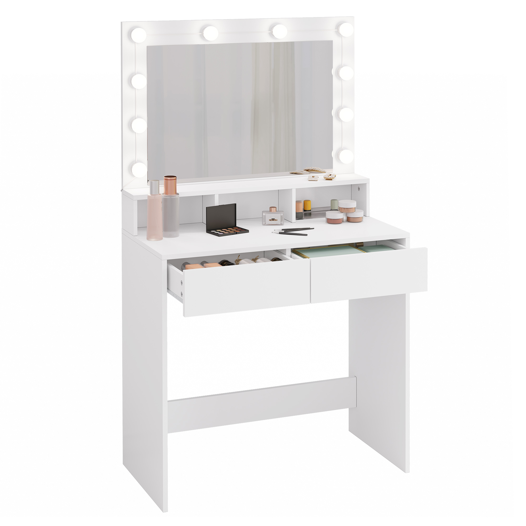 White Wooden Dressing Table Make up Cosmetic Table  with Adjustable LED Lighting Mirror vanity dresser for Gilrs  Women Bedroom