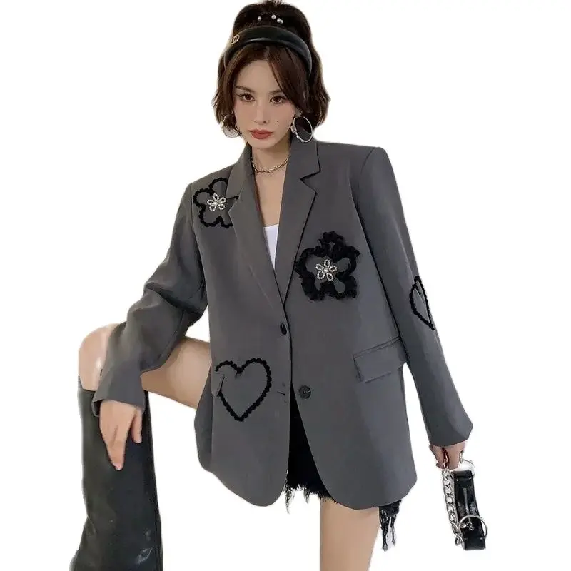 Chaqueta de traje de primavera y otoño para mujer, Tops informales holgados a la moda, abrigo bordado con botones de Color puro, chaqueta gris para mujer 2024