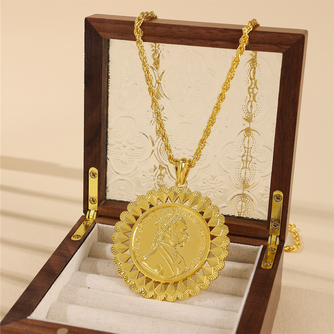 Pingente de metal em forma de girassol francês vintage, colar torcido com padrão de cabeça de Napoleão LII, acessório de casamento de noiva