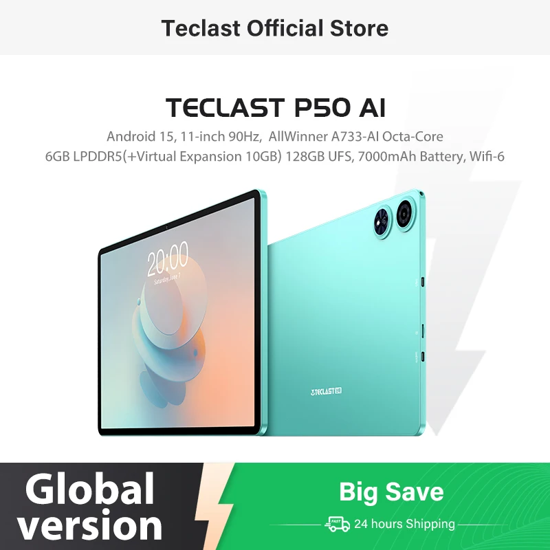 【Новинка】Планшет Android 15 Teclast P50Ai, 11 дюймов, 90 Гц (6 ГБ + 10 ГБ), макс. 16 ГБ оперативной памяти 128 ГБ Lpddr5 1280X800 Allwinner A733-Ai Octa-Core