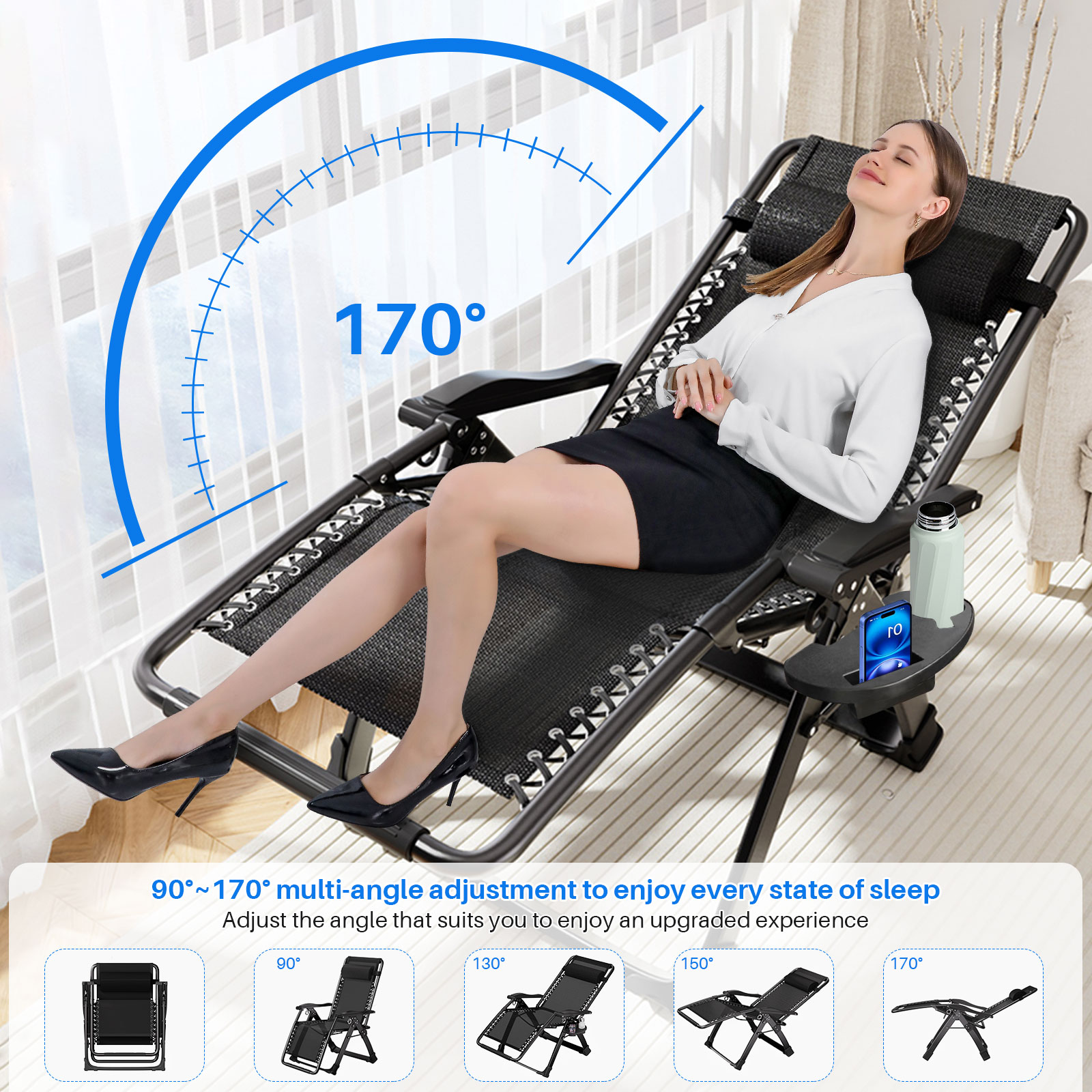 Leżaki ogrodowe na zewnątrz Składane krzesło z uchwytem na kubek i poduszką zagłówkową Krzesło wypoczynkowe Składane rozkładane patio Wsparcie 150 kg