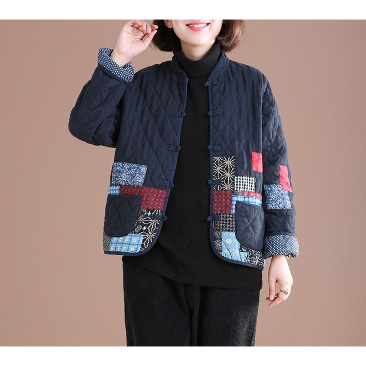 Casacos de algodão de manga comprida, jaqueta acolchoada vintage, casacos de patchwork, tamanho grande, outono e inverno