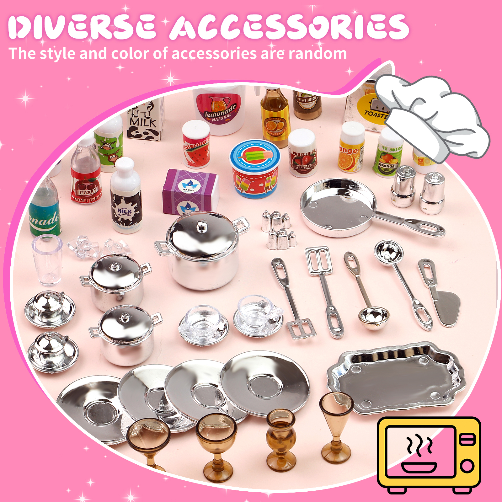 Pink Kitchen Combo Rollenspiel 5-teiliges Spielzeugset mit Lichtern und Geräuschen, für Mädchen, Weihnachten/Halloween/Thanksgiving/Neujahr