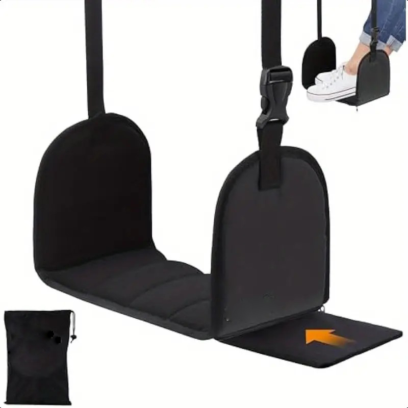 Rede para pés de avião, descanso para pés ajustável com enchimento de algodão com memória espessa, itens essenciais para viagem com placas de suporte removíveis