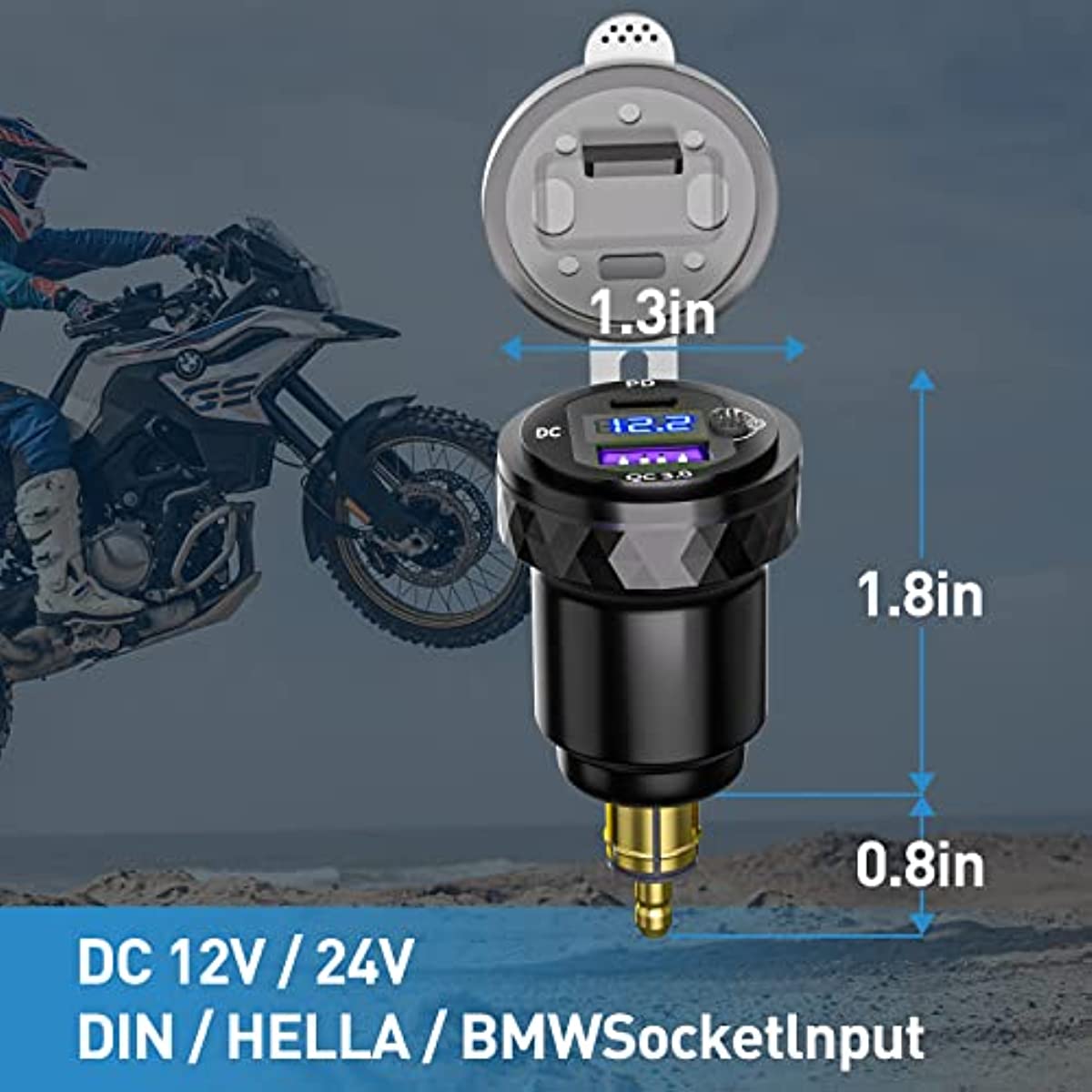 DIN Hella Plug to USB C PD 3.0 QC 3.0 USB Charger Power Adapter Voltmeter with ON-Off Switch for BMW Ducati Triumph Motorcycle