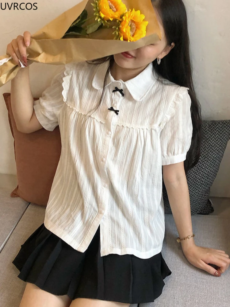 かわいい白ロリータレースブラウス女性ゴシックプレッピースタイルヴィンテージピーターパン襟半袖シャツガール夏かわいいトップ Mujer