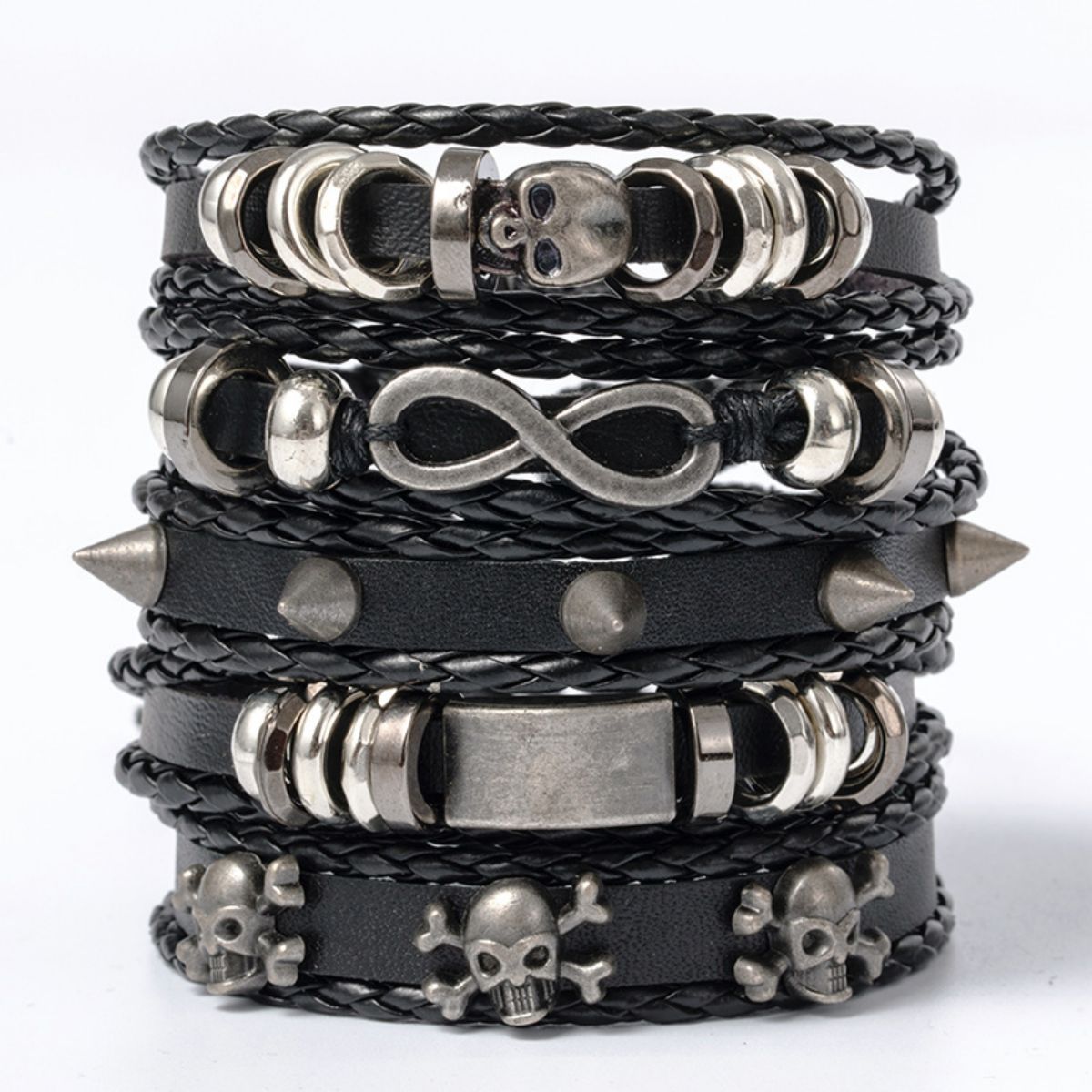 6pcs/Set Black Punk Skull & Star Shaped Alloy & Pu Leather Bracelet