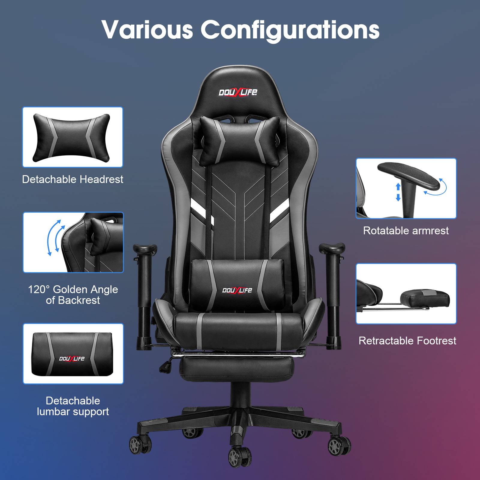 Sedia da gioco Massaggio ergonomico Nuovo massaggio PU personalizzato Sedie da ufficio per computer Design con schienale alto Sedile relax lombare