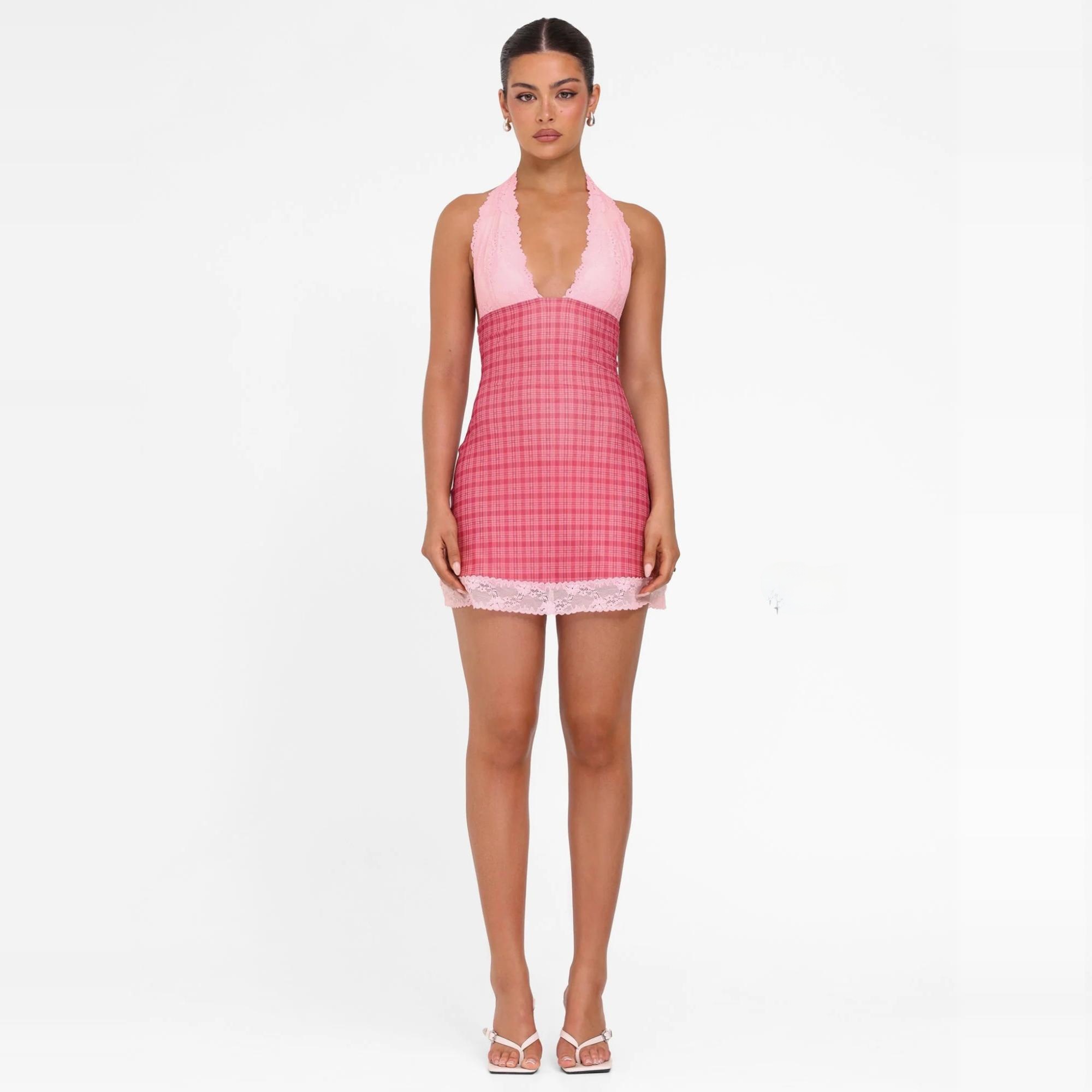 Vestido Sexy Slimming com Decote Profundo em V e Estampa Xadrez Rosa Tiger Mist NAVIA, Serviço de Design Personalizável