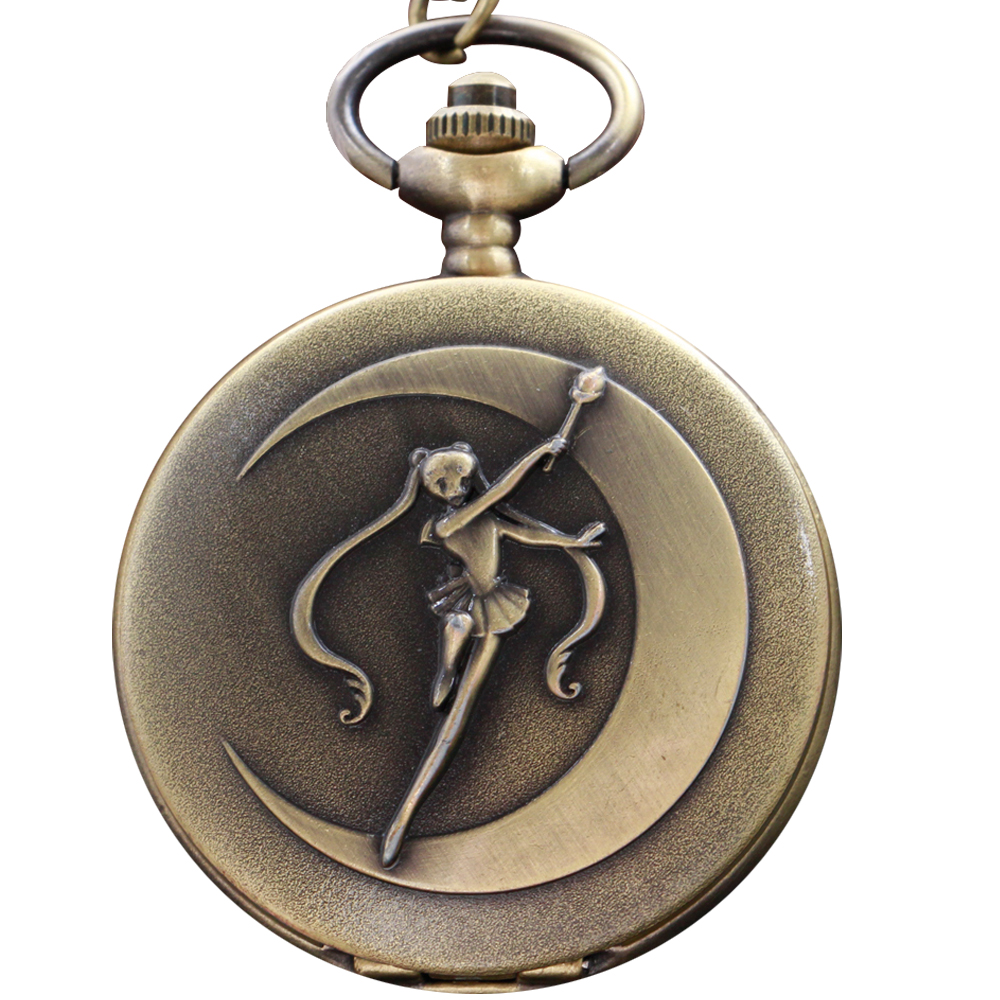 Reloj de bolsillo de cuarzo para hombre y mujer, bonito reloj de bronce Moon Girl Warrior, el mejor regalo para Festival, reloj para estudiantes