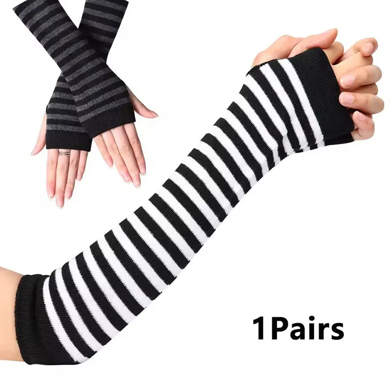 Luvas de malha de inverno feminino meninas algodão sem dedos pulseira longa braço calor manga longa listrado proteção do cotovelo