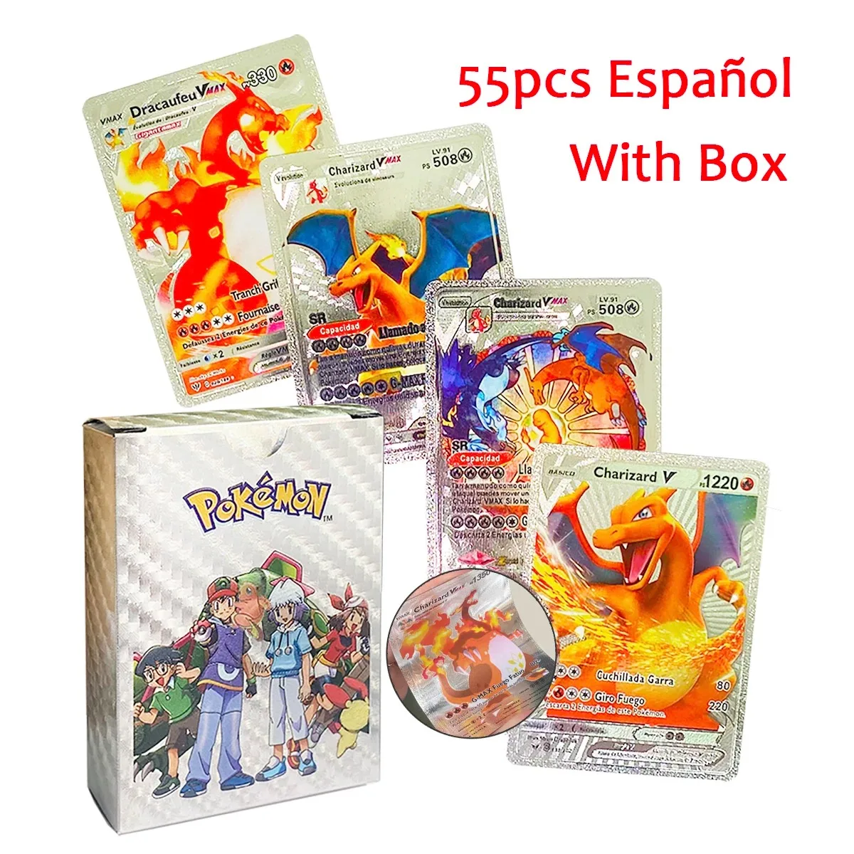 27-110pcs การ์ด Pokemon NoRepeat ภาษาอังกฤษสเปนฝรั่งเศสเยอรมันทอง VAMX GX Pikachu Charizard Collection Battle TRAINER การ์ดของเล่น