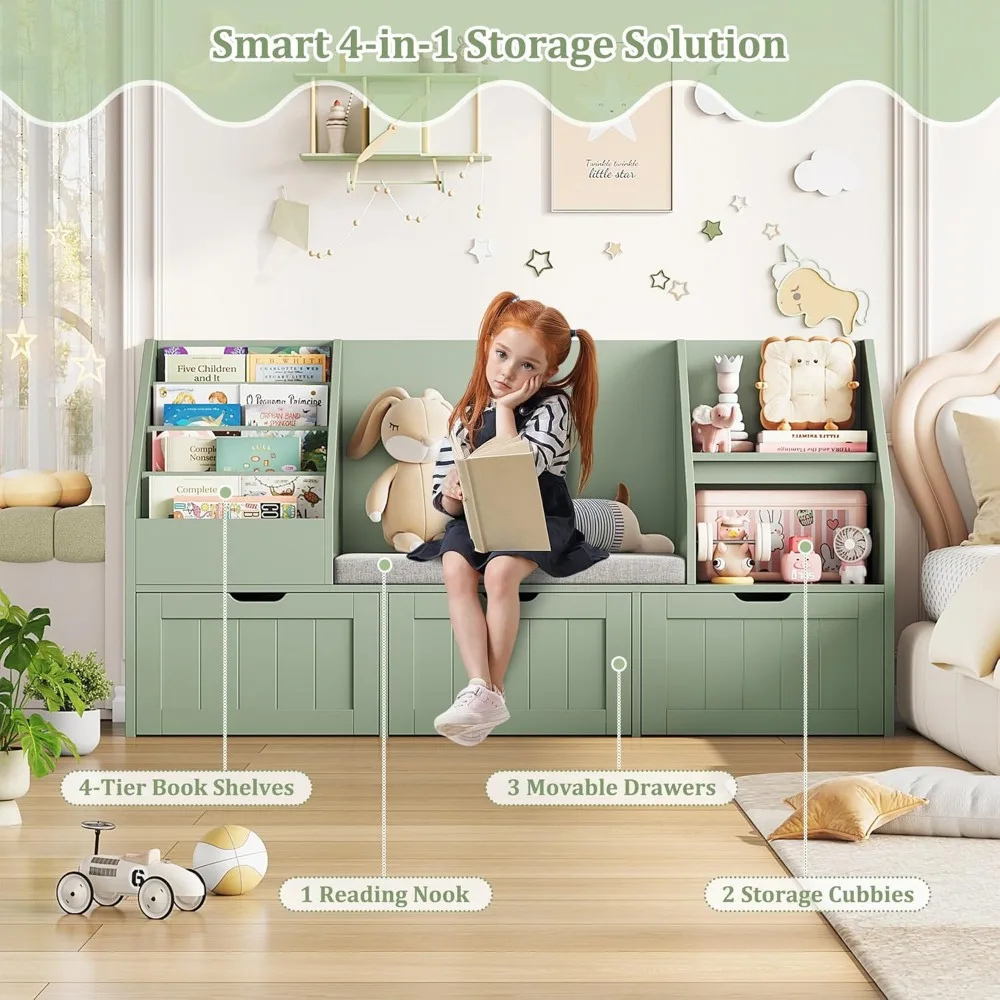 55.1’’ Kids Bookshelf with Reading Nook, Toy Storage Organizer with Seat Cushion and 3 Movable Drawers, Kids Reading Nook Toy O