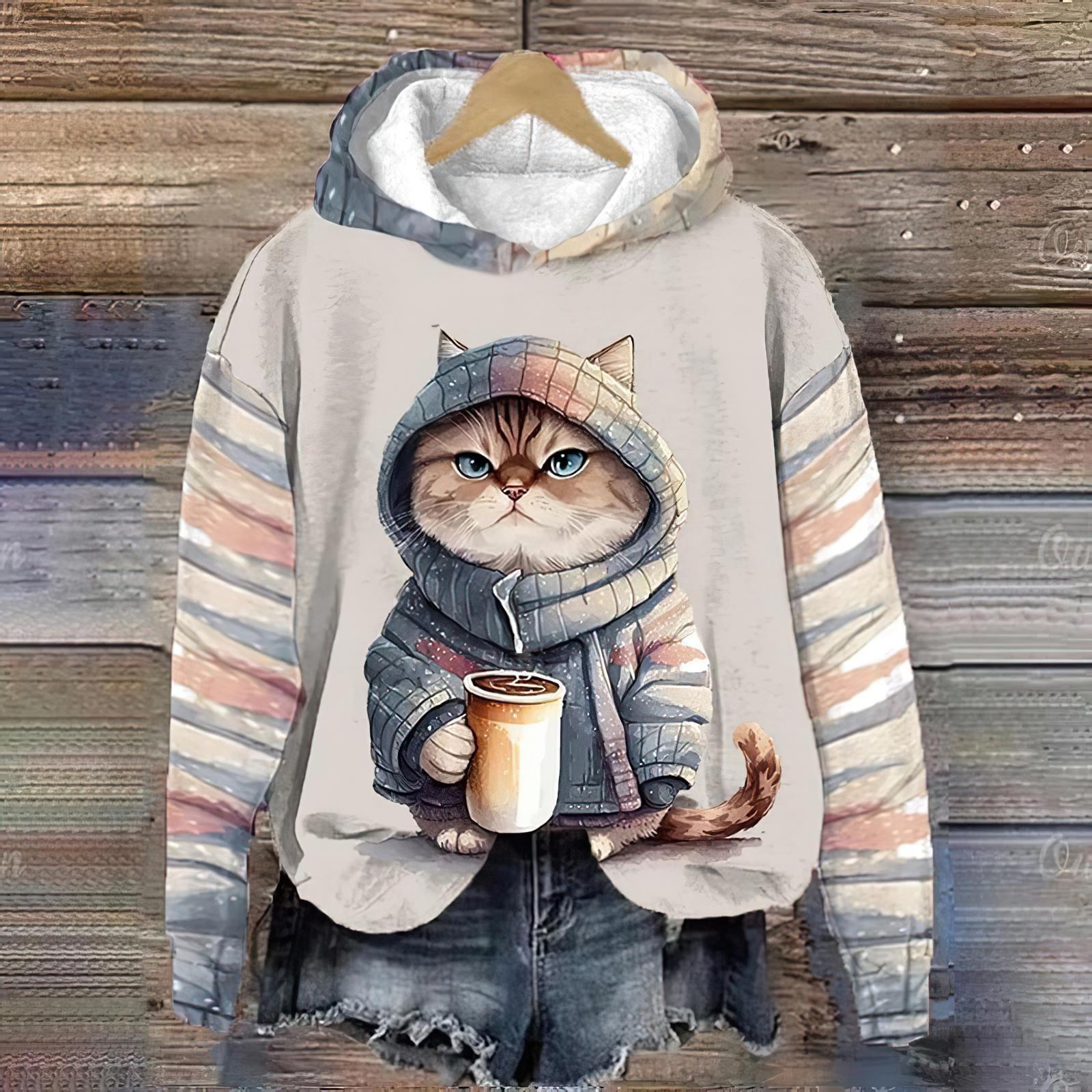 Sudaderas con capucha para mujer, Sudadera con capucha con estampado de animales de gato Kawaii divertidos para hombre, sudaderas, ropa femenina, jerséis informales de manga larga Unisex