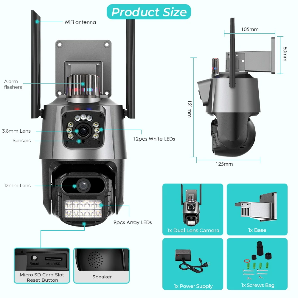 WiFi PTZ Security Camera 8MP with Dual Screen Color Night Vision Outdoor Surveillance CCTV Camera Compatible with ICSEE App
