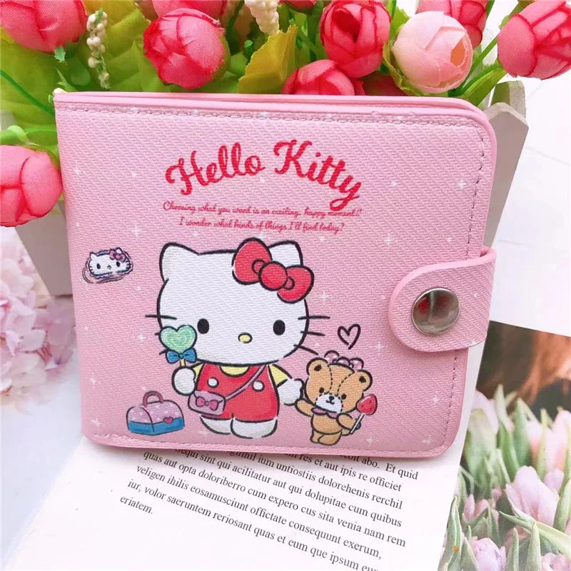 Cartera pequeña de Hello Kitty para mujer, bolso rosa, monedero Kawaii con botones, monedero plegable, Kuromi Cinnamoroll