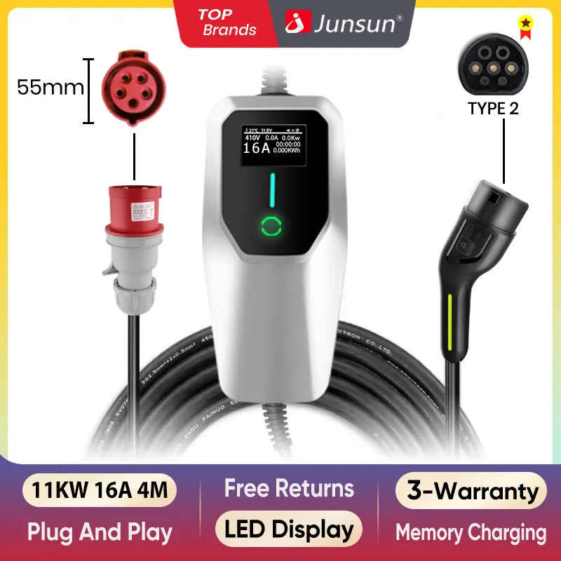 Cargador Junsun ev tipo 2 11kw 7KW monofásico 100w caja de pared 22kw tipo 2 para Tesla Kia Dacia Renault Nissan VW Hyundai