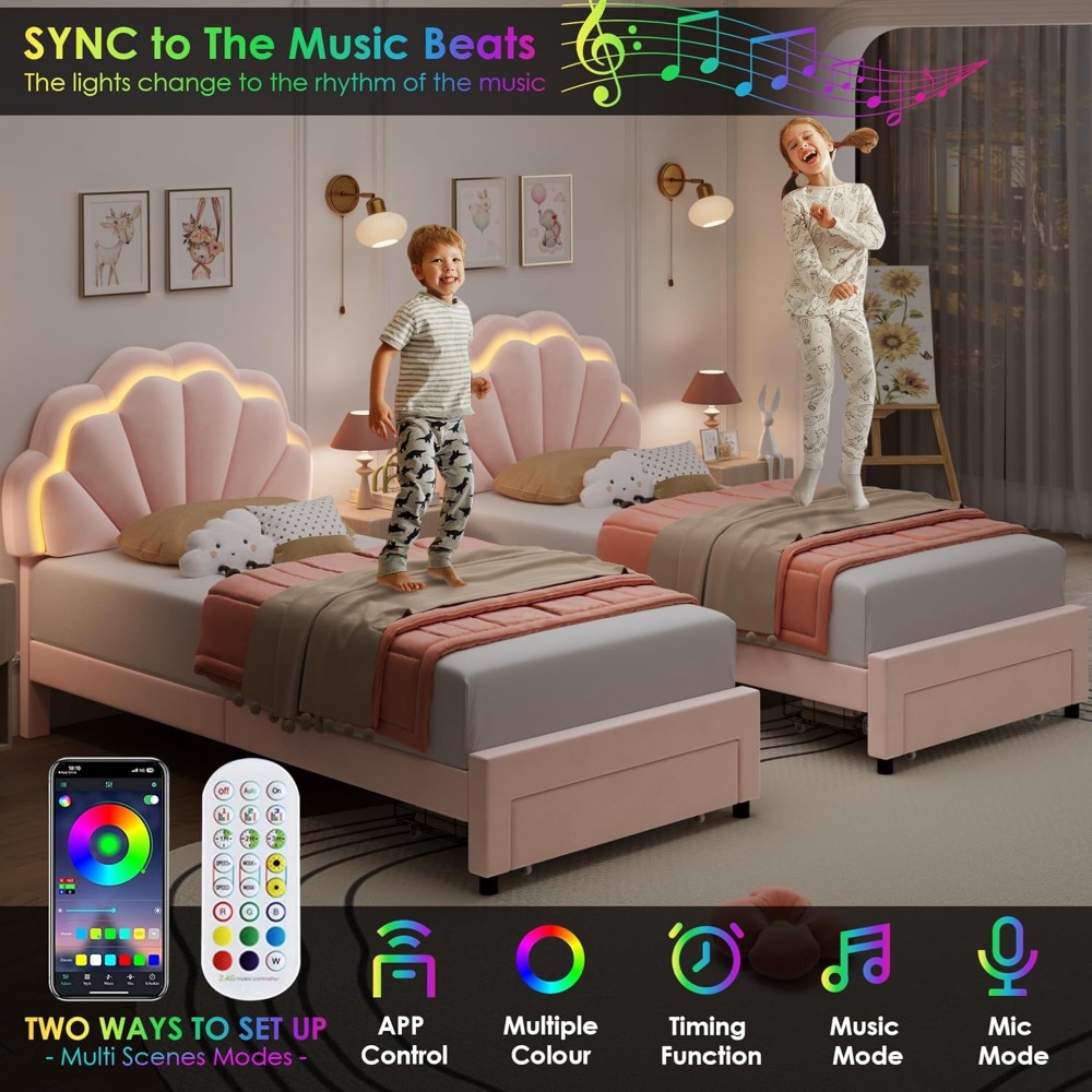 HIFIT Twin Upholstered Smart LED Bed Frame with Storage Drawer and Adjustable Chic Double Petal Headboard, Princess Platform Bed