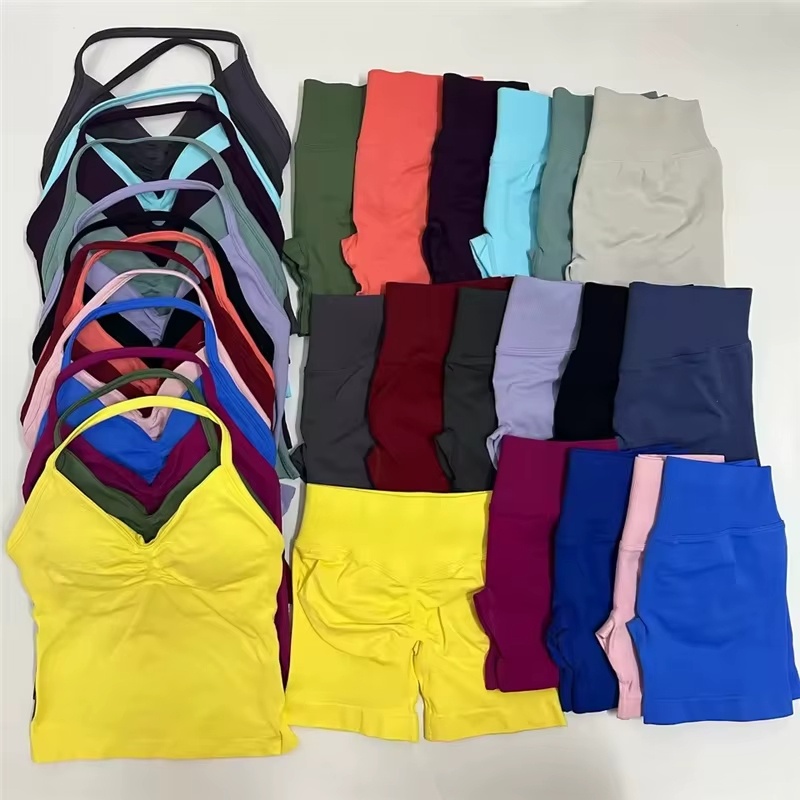2 шт. спортивный комплект, женские топы на бретелях с открытой спиной, бесшовные шорты с высокой талией, спортивный костюм, одежда для фитнеса, спортивная одежда, комплекты для тренировок