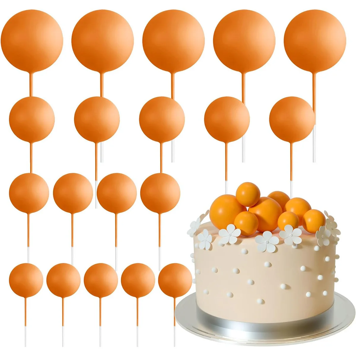 20 Stück Kugel-Kuchenaufsatz, Dekorationen, Mini-Luftballons, Kuchenaufsatz, Stäbchen, orangefarbene Kugeln für Hochzeit, Geburtstag, Jahrestag, Kuchendekoration