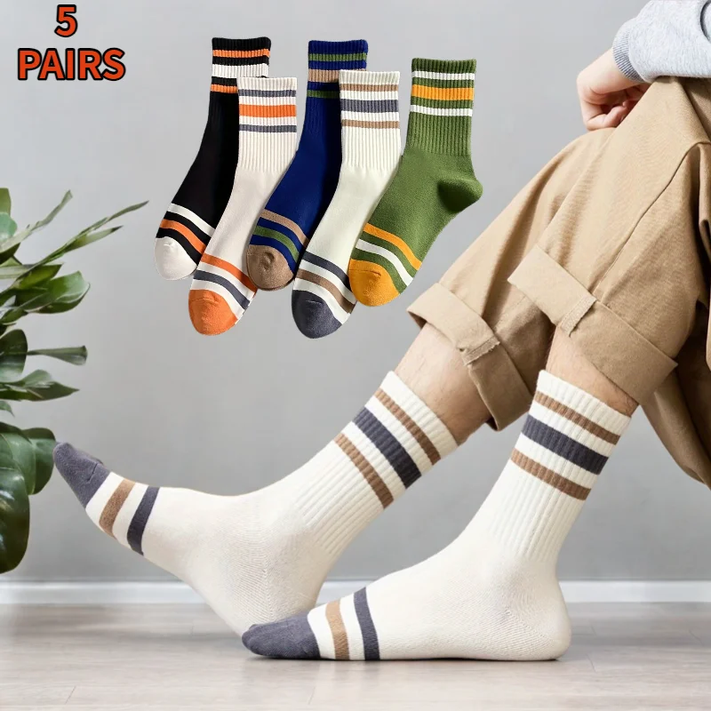 5 pares de calcetines casuales de rayas coloridas para hombre, calcetines deportivos de moda, absorbentes del sudor y transpirables, adecuados para todas las estaciones