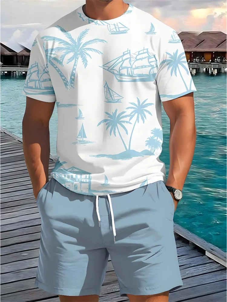 Sommer 2-teiliges lässiges Alltags-Herren-Kurzarm-Shorts-Set Hawaiianischer Aufdruck Herren-T-Shirt Outdoor-Sport Herren-Strand-Shorts-Sets