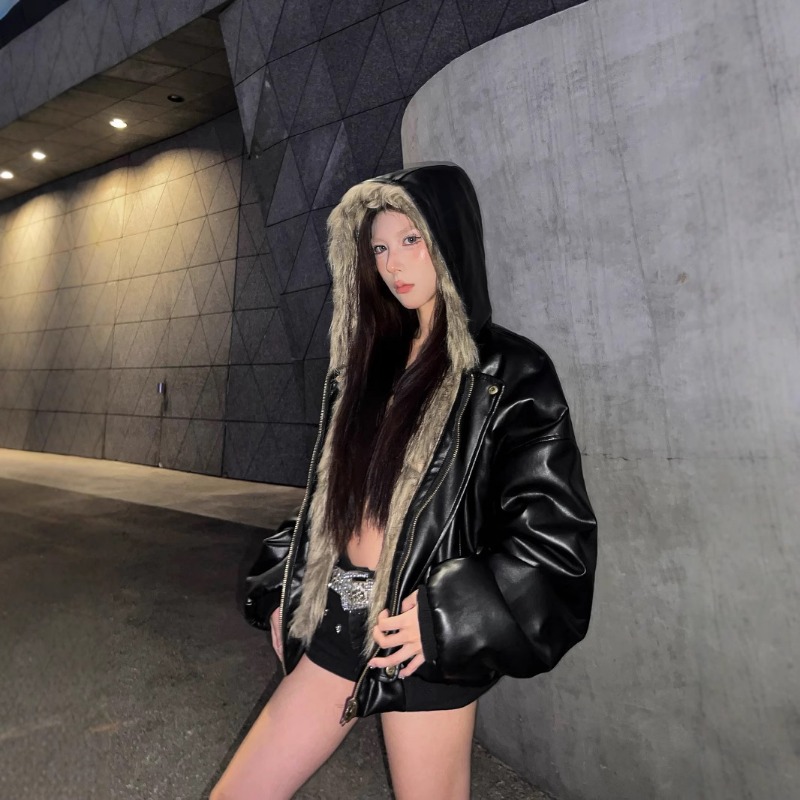 Winter High Street lederen shaggy bont patchwork korte warme dikke jas capuchon pluizige namaakbont jas dames luxe design jassen