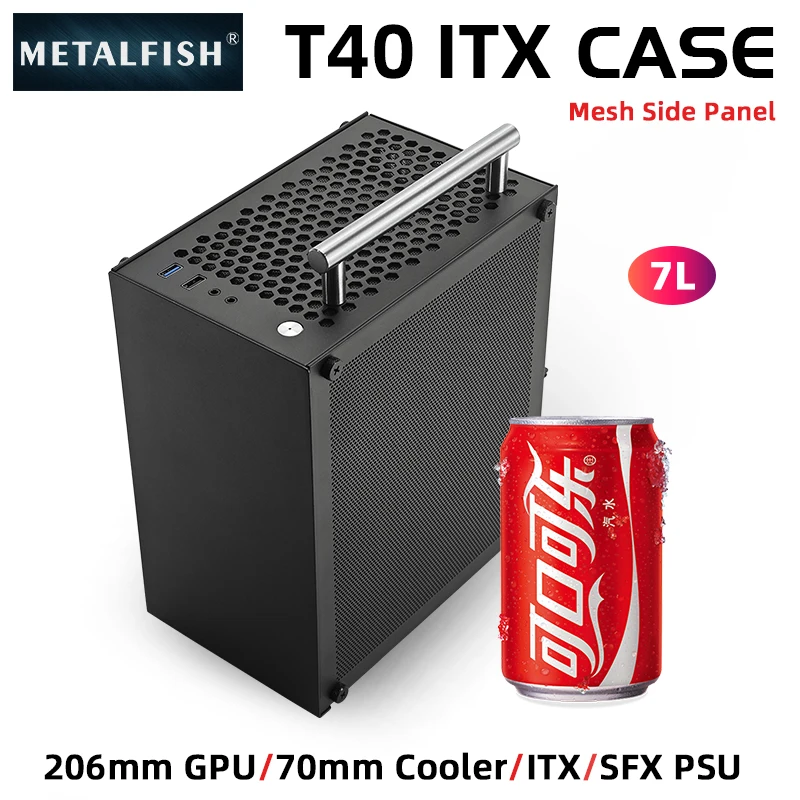 METALFISH T40 Mini ITX Schwarzes Gehäuse 7L Gaming-Computergehäuse Kompakter transparenter PC-Unterstützung SFX PSU/70 mm Kühler mit Griff