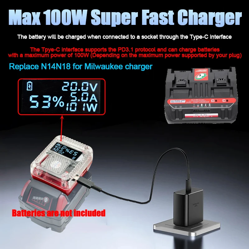 Digital Display Lithium Battery Adapter Converter For Makita For DeWalt For Milwaukee For M18 Charger USB Type-C Power Bank 138W