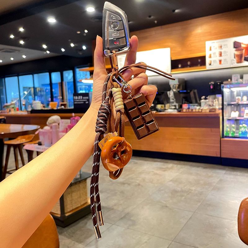 Creative Bowknot Woven Rope Keychain Chocolate Bagel Bread Keychain Polyester Anti-lost Bag Decoration Woven