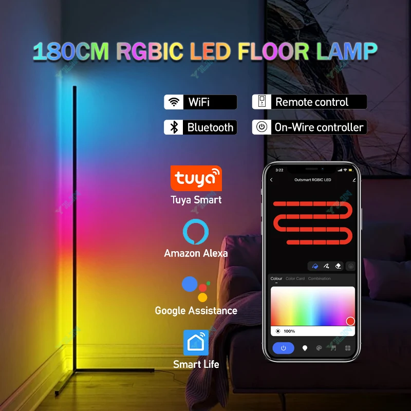 Lámpara de pie inteligente RGBIC Tuya, Control por aplicación remota, soporte nórdico, luz de ambiente para decoración de sala de juegos, 180CM