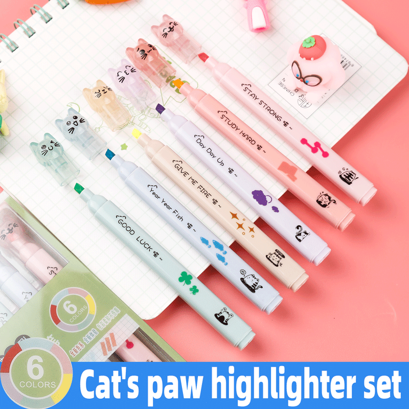6 ชิ้น/แพ็ค Kawaii Cat Claw สีพาสเทล Highlighters Drawing Art Markers ปากกาเรืองแสงของขวัญเครื่องเขียนอุปกรณ์โรงเรียนน่ารัก