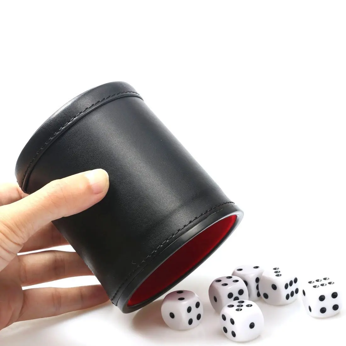 Lederwürfelbecher mit Deckel, grün-rotes Innenfutter, leise im Schütteln für Lügnerwürfel, Farkle Yahtzee Brettspiele mit 5-teiliger Würfel