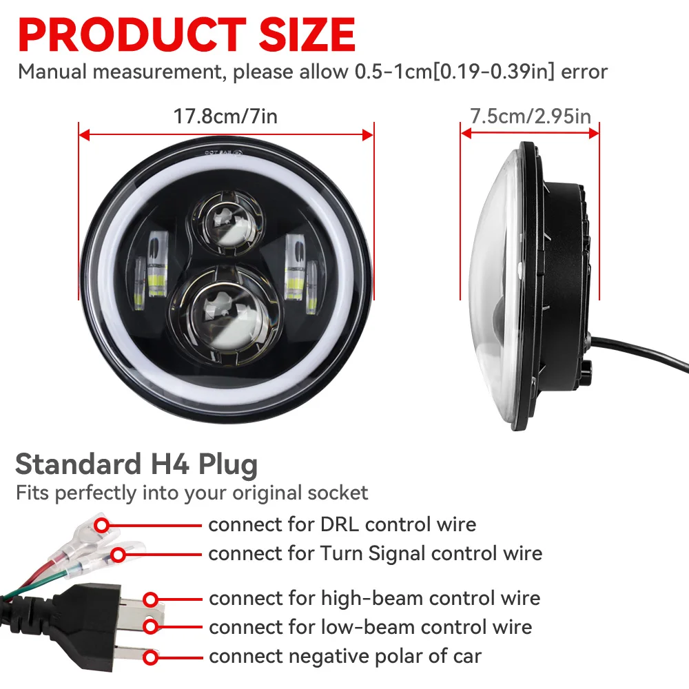 7 นิ้วไฟหน้ารอบ Halo LED สําหรับ JEEP Wrangler ไม่จํากัด JK 7 "DRL ANGLE Eyes LED ไฟหน้าโปรเจคเตอร์