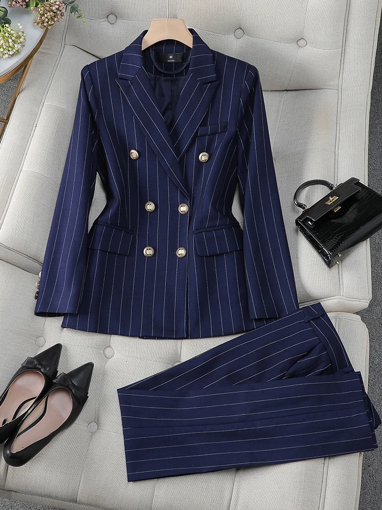 Terno de calça formal listrado azul para mulheres, roupas femininas de trabalho, blazer e calças, conjunto de duas peças, moda feminina, outono, inverno