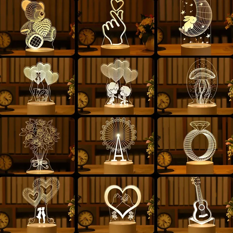 로맨틱 사랑 3D 아크릴 Led 램프 홈 어린이 밤 빛 테이블 램프 생일 파티 장식 발렌타인 데이 머리맡 램프