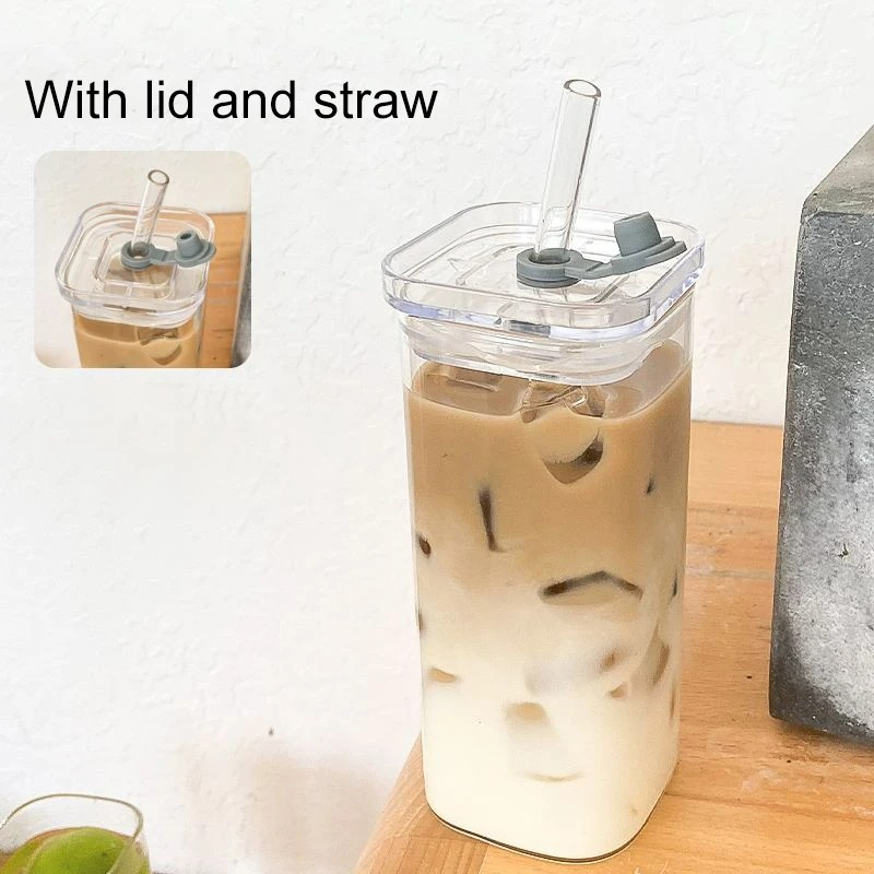1 Stuks Vierkante Hittebestendige Koffie Glazen Beker Met Deksel En Stro Transparante Melk Thee Sap Kopjes Koffiemok Voor thuis Bar Drinkware