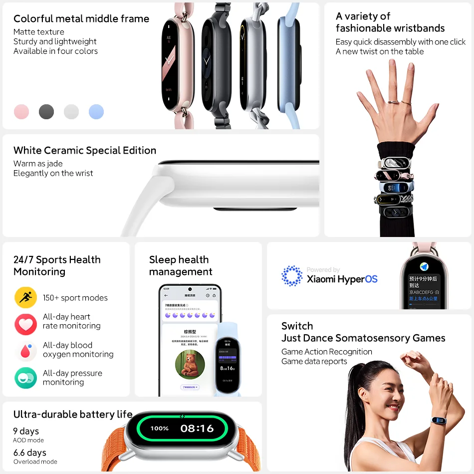 Global Version Xiaomi Smart Band 9 1.62‘’ AMOLED Display 21 Days Battery Life Supports 150+ Sports Modes 5ATM Bluetooth 5.4