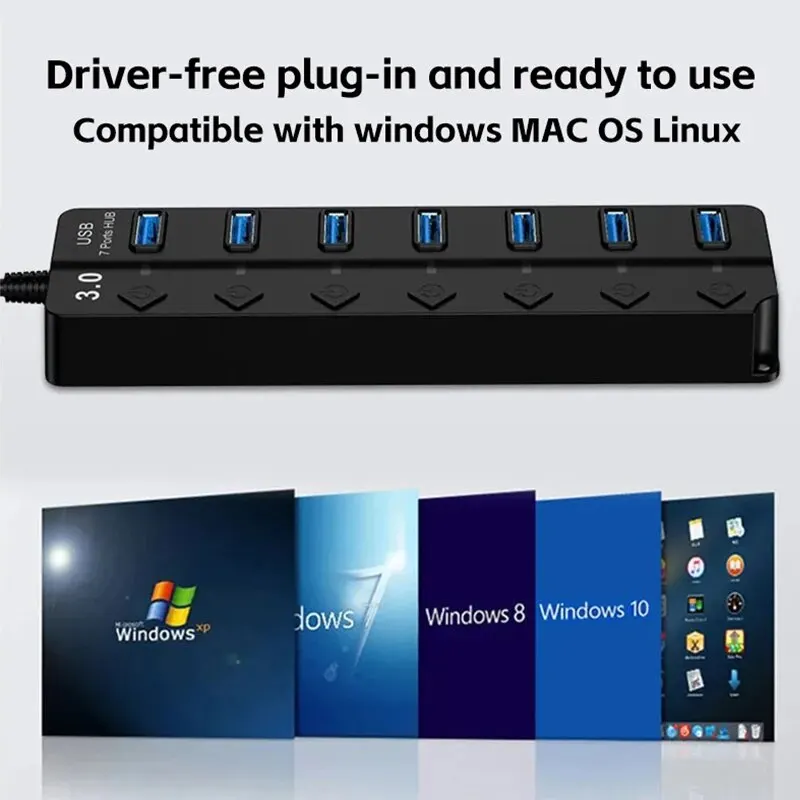 HUB USB3.0 USB-Splitter 2.0 4-in-1-USB-Adapter Multi-Port Independent Power Switch Extender 30 cm Kabel