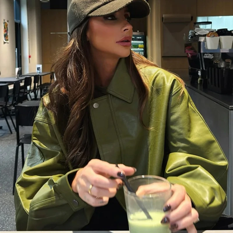 Suninheart outono verde oliva jaqueta de couro falso casaco vintage moto biker jaqueta com zíper lapela solta casual outwear feminino