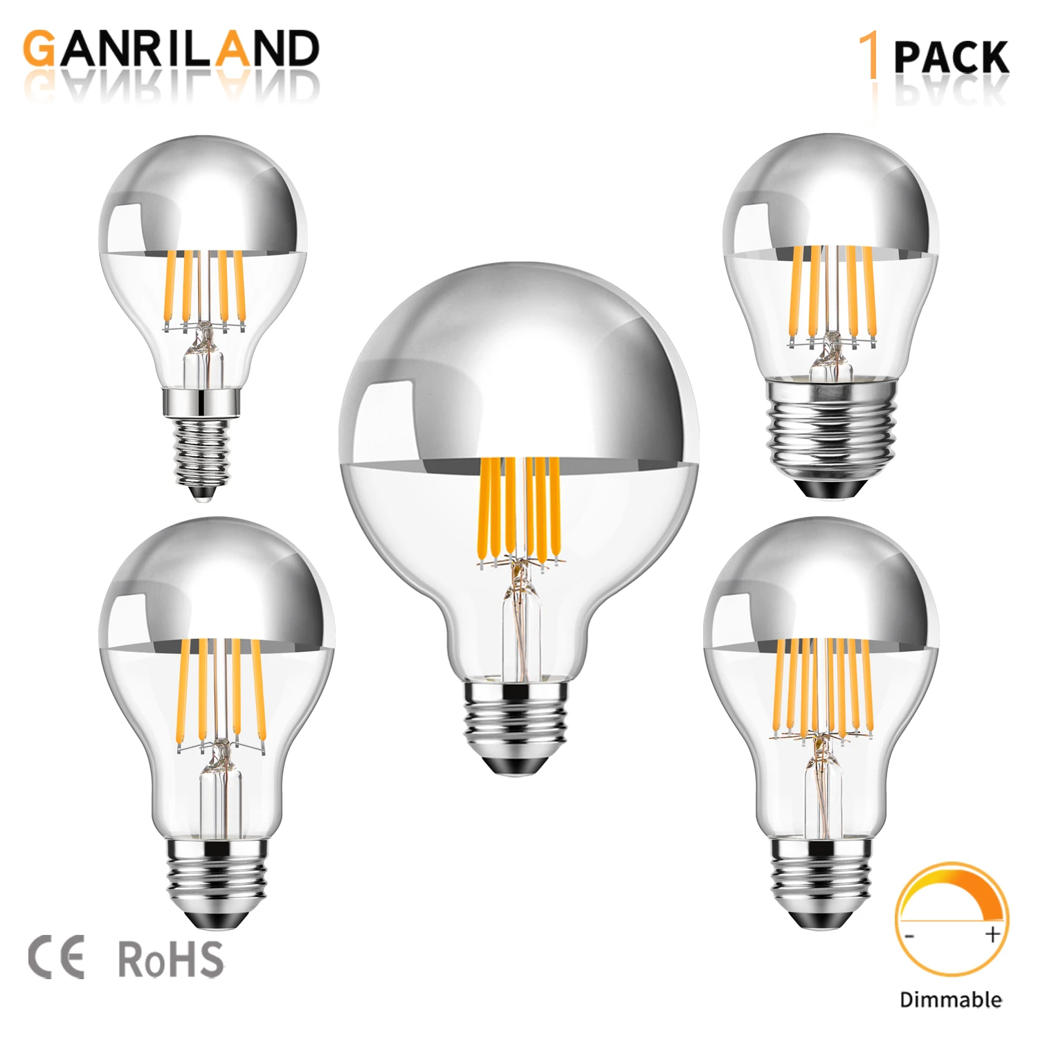 E14 E27 bombilla media cromada G45 A19 G80 4W 6W 8W 2700K interior cuenco plateado espejo decorativo regulable LED bombillas de globo Edison