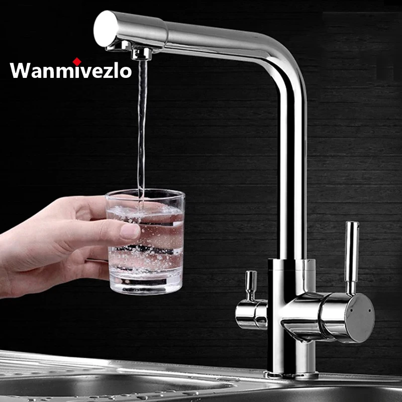 Bateria kuchenna z filtrem, chromowana, do wody pitnej, montowana na blacie, z dwoma uchwytami, 3-stopniowy przełącznik, mieszacz ciepłej i zimnej wody.
