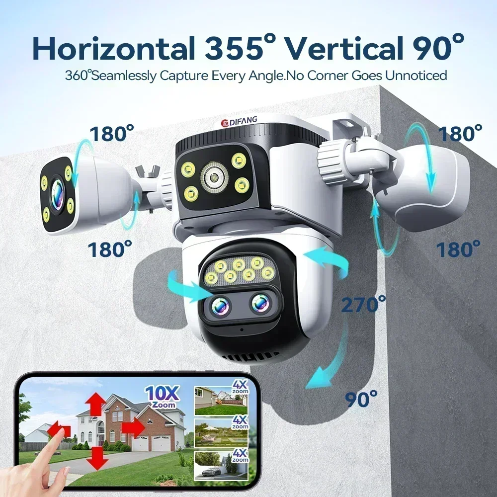 10K Home Security WiFi Camera Vier Len Vier Scherm 360 ° 10X Zoom CCTV 20MP Draadloze Bewaking IP Cam Beveiliging,Buitenoverwegingcamera, Wi-Fi beveiligingscamera
