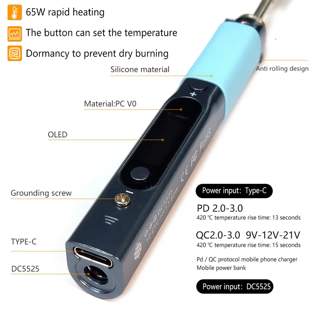 Pine64 Smart Soldering Iron Pinecil V1 Version Mini Portable Fast Heating with Adjustable Temperature with TS-B2 Soldering Tip
