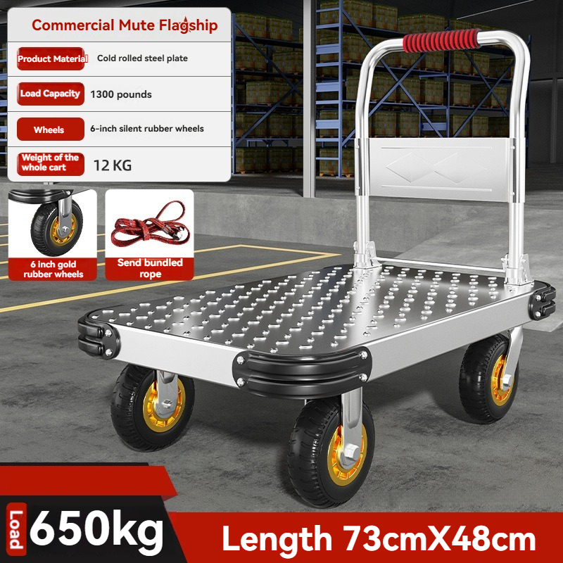 A foldable handcart capable of supporting a load of 650kg or 1500 pounds, made of steel plate material, with silent wheels